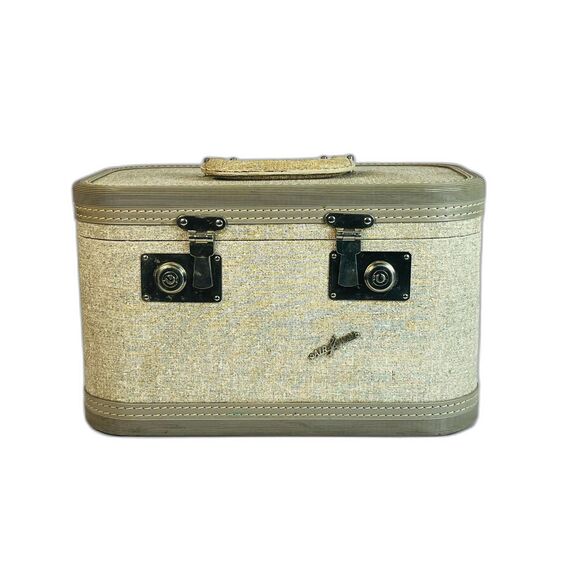 Vintage Air Away Mid Century Train Case Gray Tweed W/ Tray & Key - Picture 1 of 14